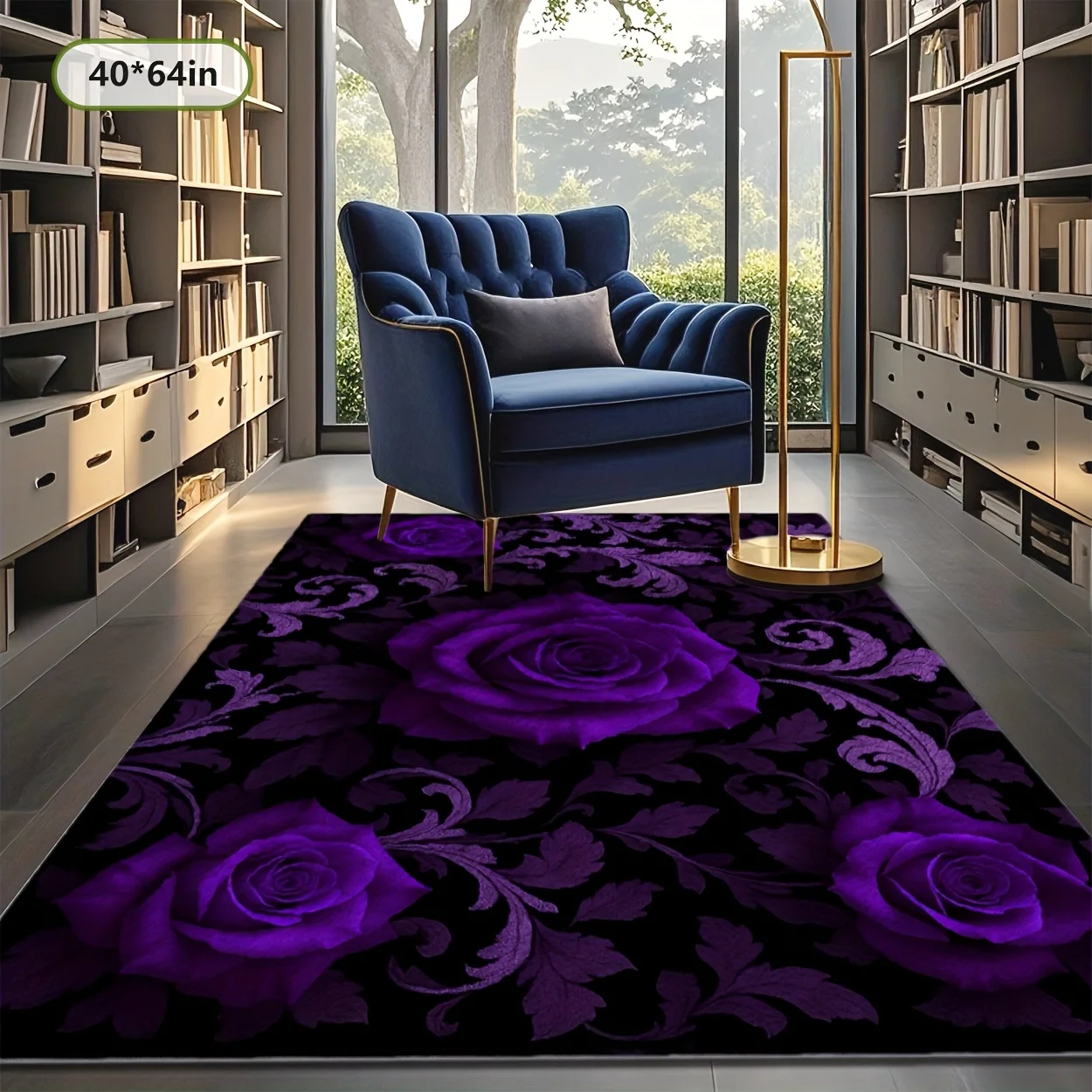 Luxury Deep Purple Burgundy Mat with Cashmere-Like Rose Print - Plush Soft Large Area Mat for Living Room, Bedroom, Outdoor -