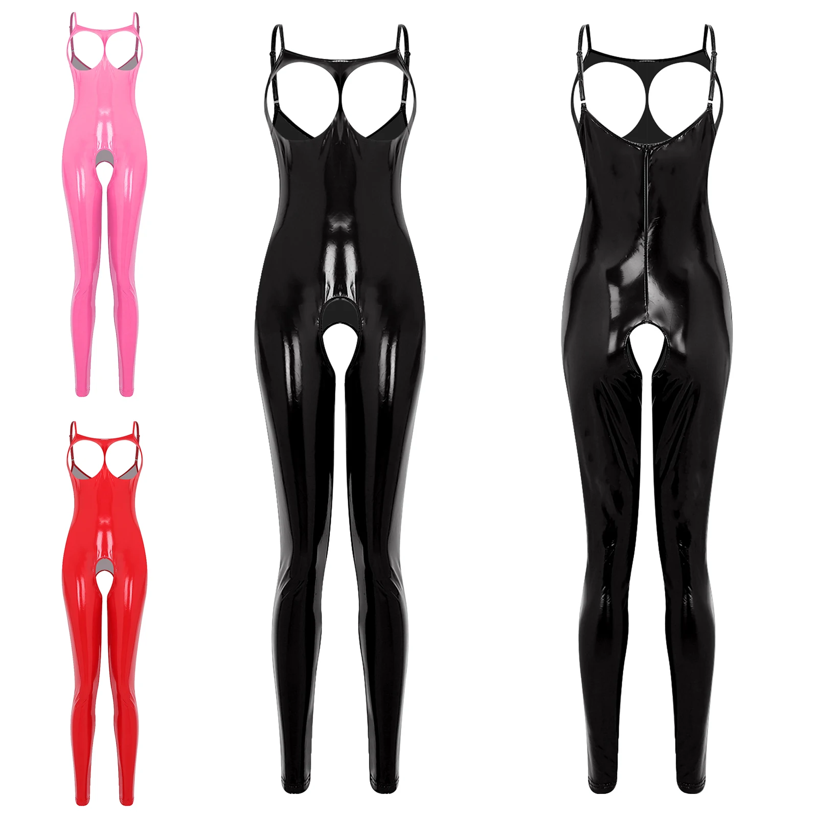 

Adult Women Hollow Out Crotch Patent Leather Jumpsuits Wet Look Lingerie Open Chest Sleeveless Adjustable Strap Catsuit Bodysuit