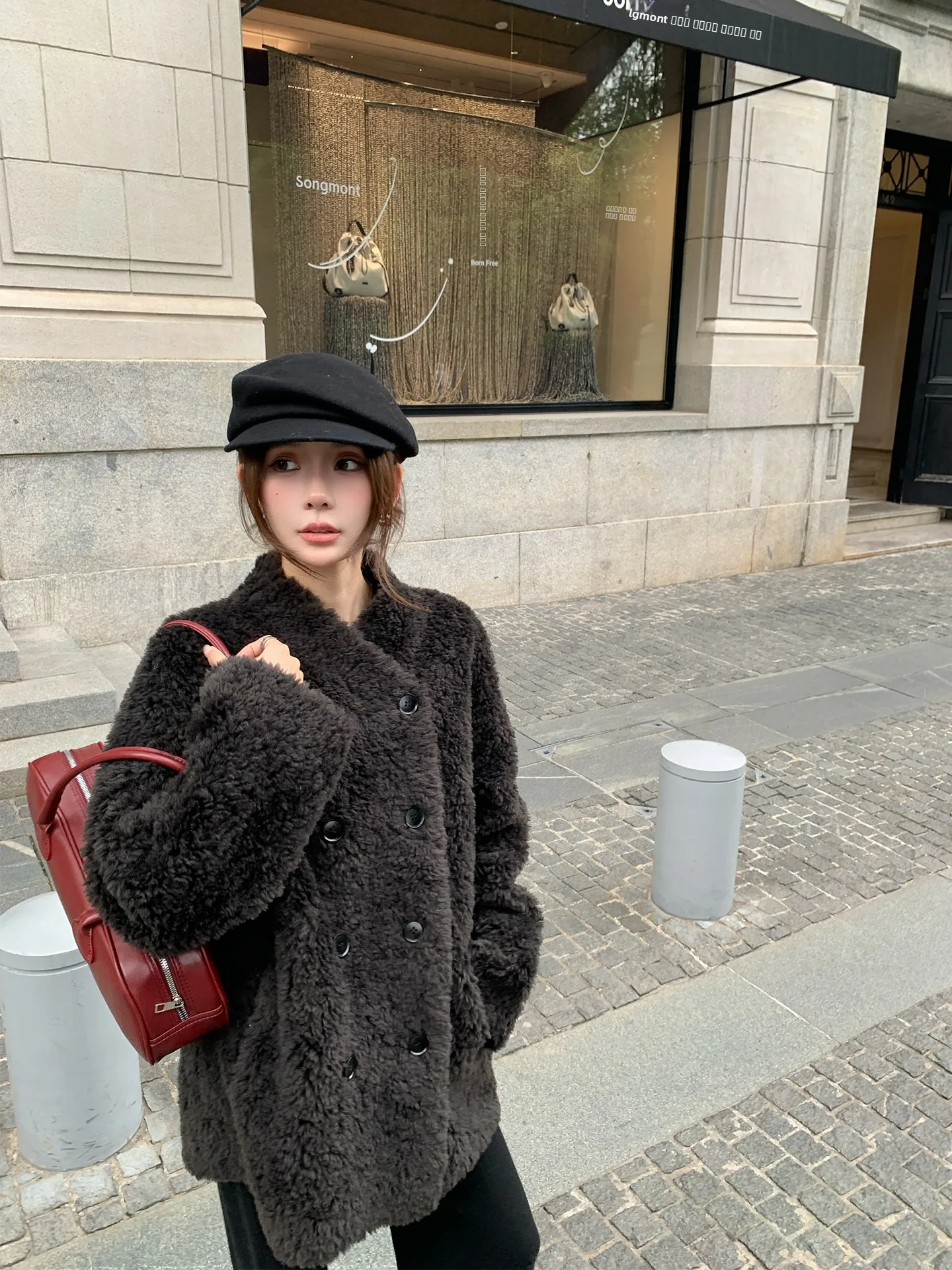 

UPFURS Women's Long Coat Thiened Warm Lamb Fur Skin Inteated Outerwear Casual Sle Double Button Closure No Hat Included