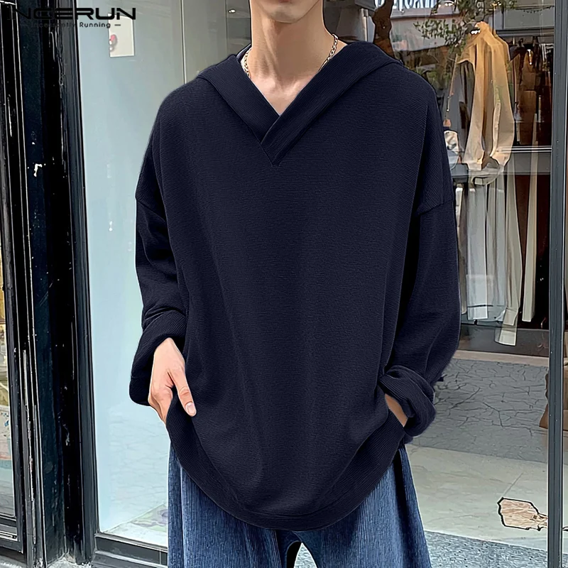 2024 Casual Long Sleeve Loose Hooded Sweatshirts INCERUN Men Handsome Solid Color Knitted Pullovers Simple Commuting Jumpers