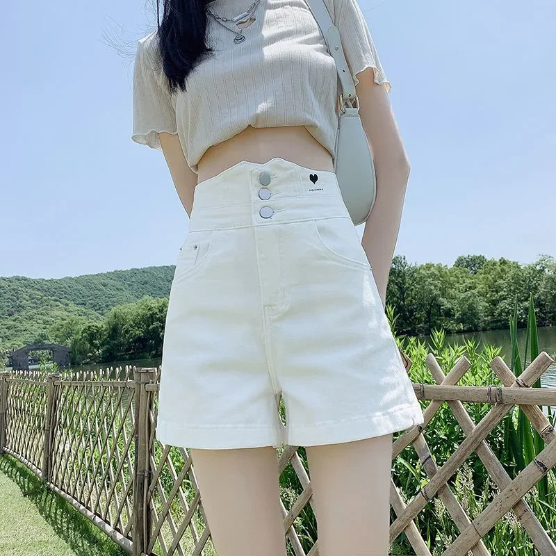 Women's Shorts White Jeans Short Pants for Woman To Wear Denim Print Wide High Waist Youthful Cheap Y2k Harajuku Trend 2024 Hot