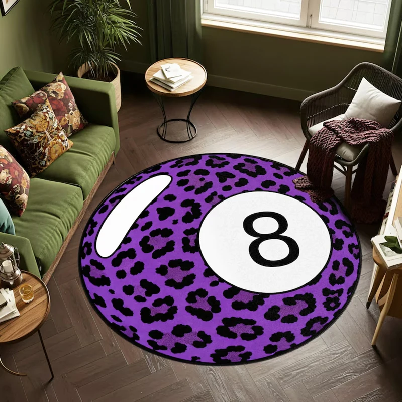 Round Living Room Carpet Non-slip Machine Washable Soft Floor Mat Large Size Leopard Print 8-ball Pattern Rug Home Decor Mats