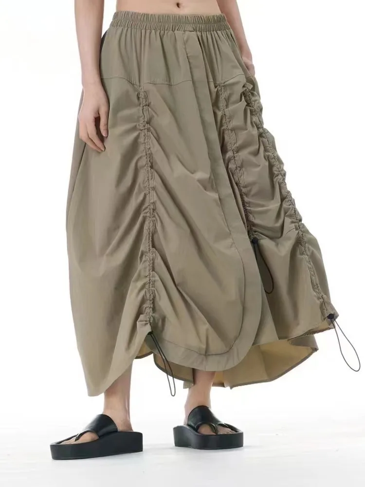 [EWQ] Elegant High Waist A-line Beautiful Ladies Clothing European Trendy Drawstring Design Khaki Irregular Skirt 2024 Autumn