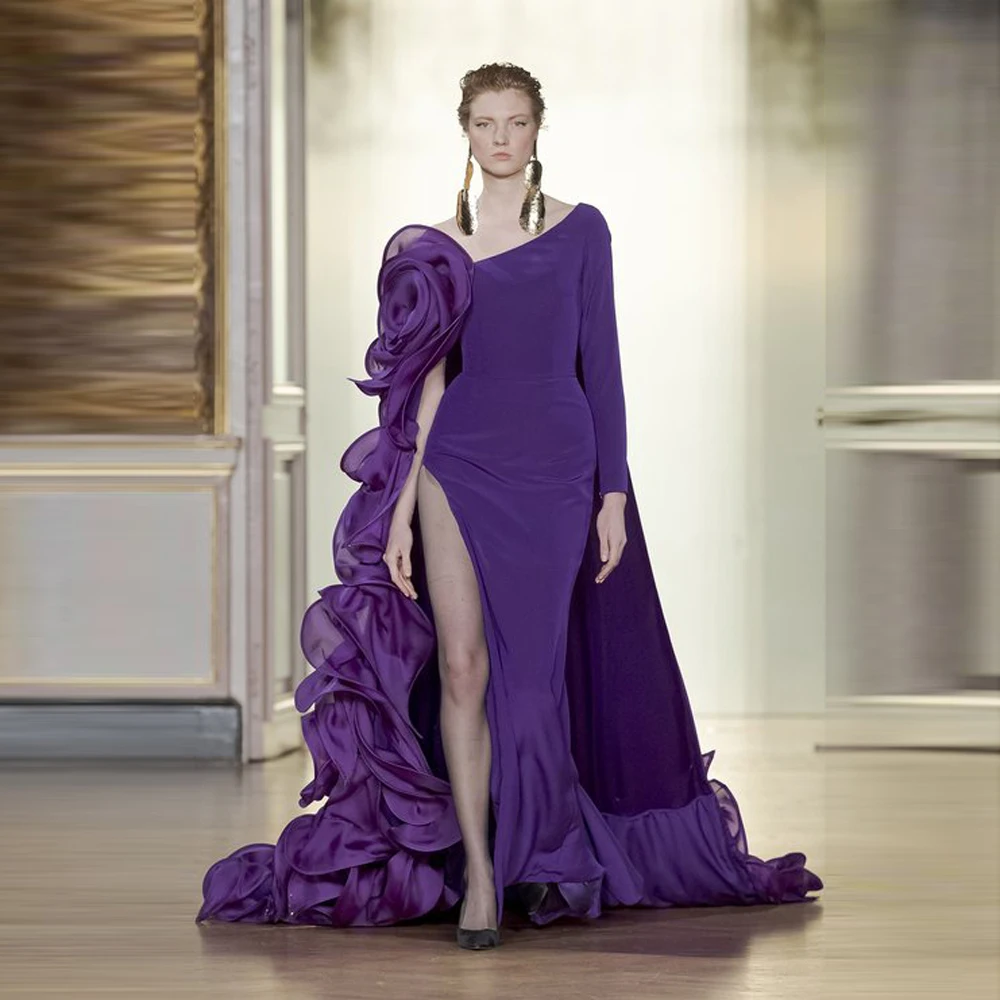 

Special Designed Purple Split One Shoulder Long Women Maxi Gowns Ruffles Trimmed Formal Party Dresses With Cape