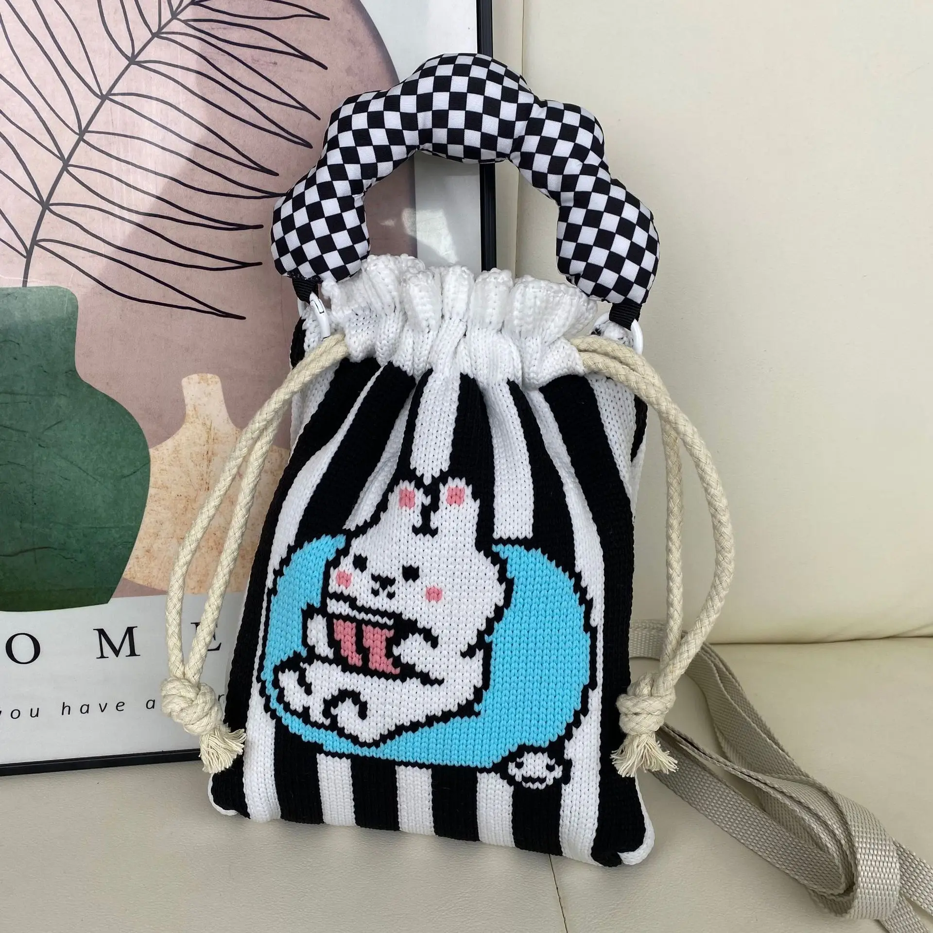 Cute Knitted Small Good Luck Bag Crossbody Lunchbox Handbag Soft Polyester Fiber Student Portable Shoulder Bag Korean Style