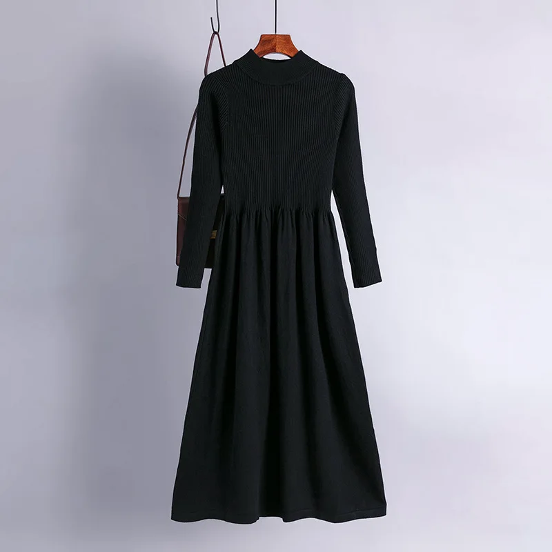 HLBCBG Autumn Winter Knit Long Dress Women Casual O-Neck Slim Bodycon robe Sweater Dresses Office Lady THICK MAIX Dress