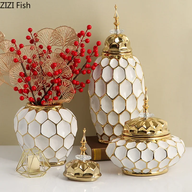 

Gold Plated Honeycomb Stripes General Tank Ceramic Storage Jar Desktop Flower Arrangement Jewelry Jars Cosmetic Container