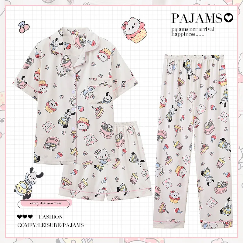 New Hellokitty Pajamas For Women Spring And Summer Short-Sleeved Three-Piece Set Pure Cotton Cute Sanrio Home Clothes