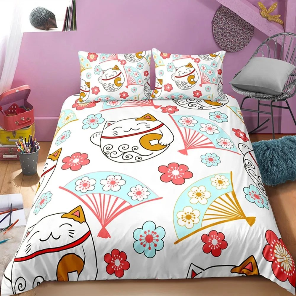 Cherry Blossoms Duvet Cover Set Japanese Style Polyester Comforter Cover King Queen Full Size for Girl Women Couple Bedding Set