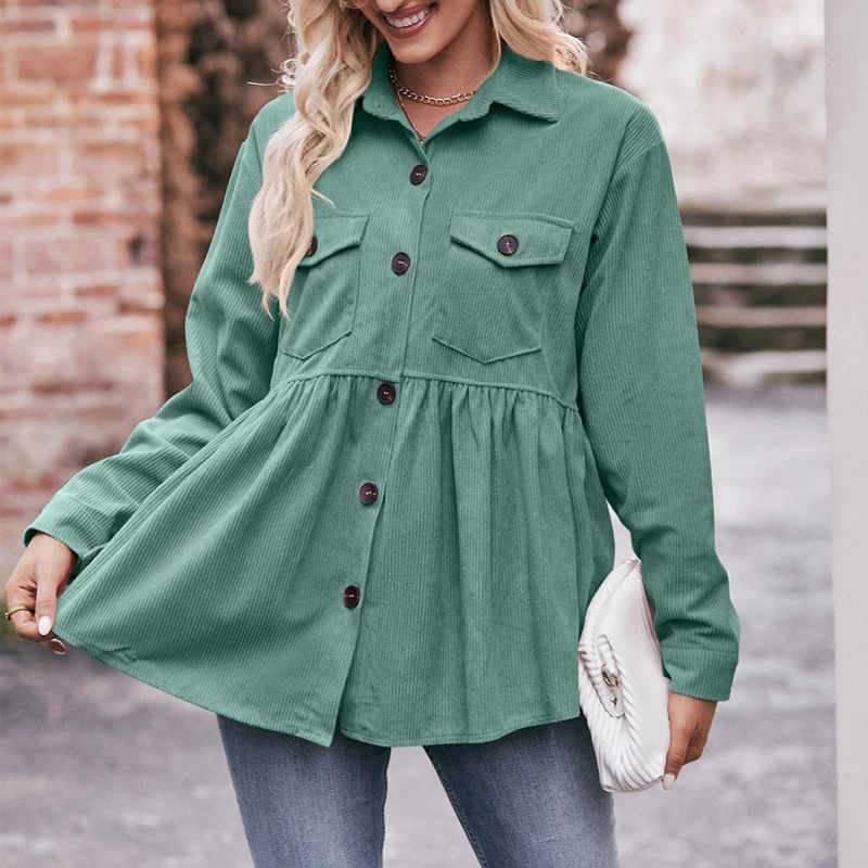 Women Vintage Corduroy Pockes Single Breasted Shirts Autumn Winter Trendy Solid Long Sleeve Loose Blouses Casual Streetwear Tops