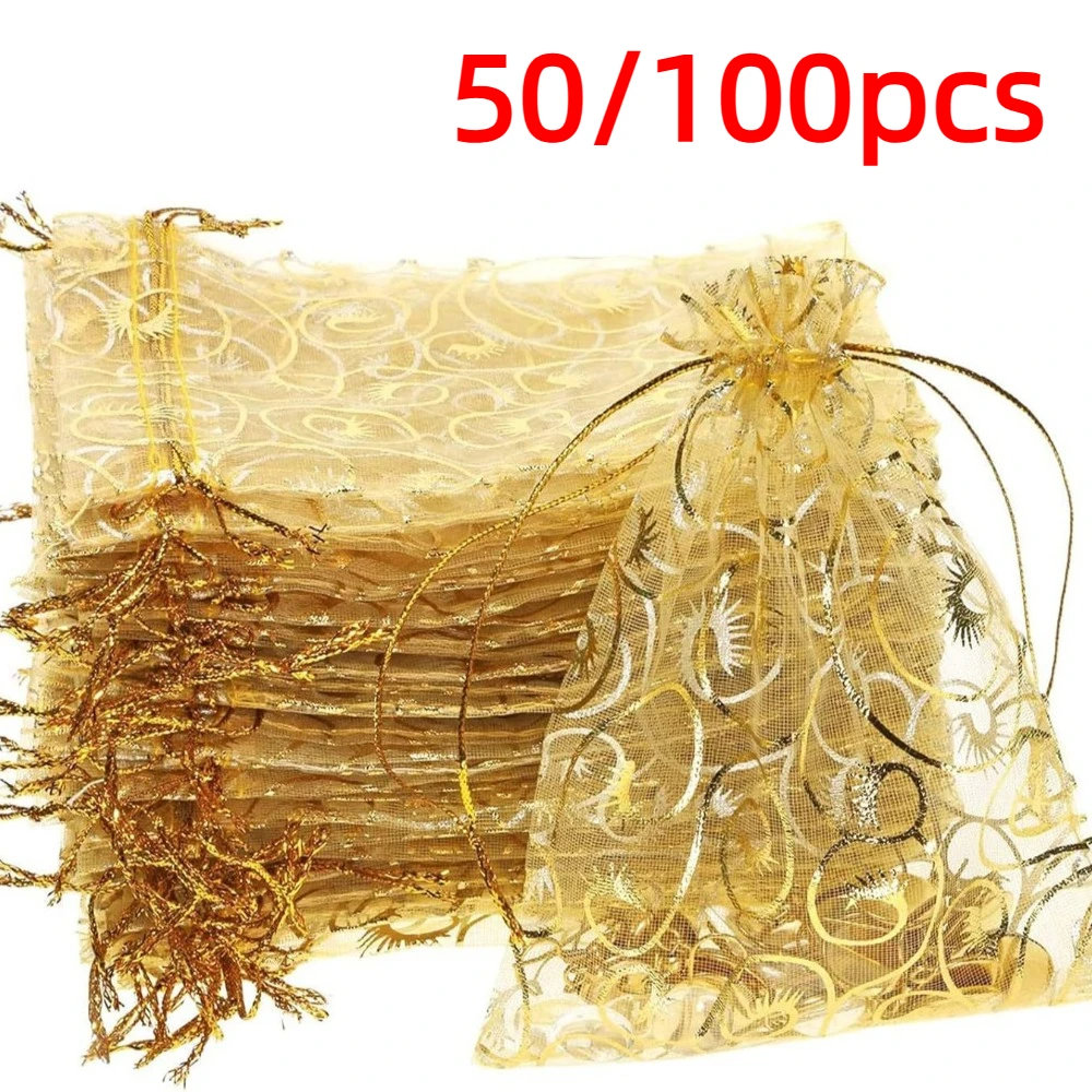 50/100pcs Organza Jewelry Pouches Wrap Gold 9*12cm 10*15cm Wedding Party Favor Gift Bag Drawstring Earring Storage Bags