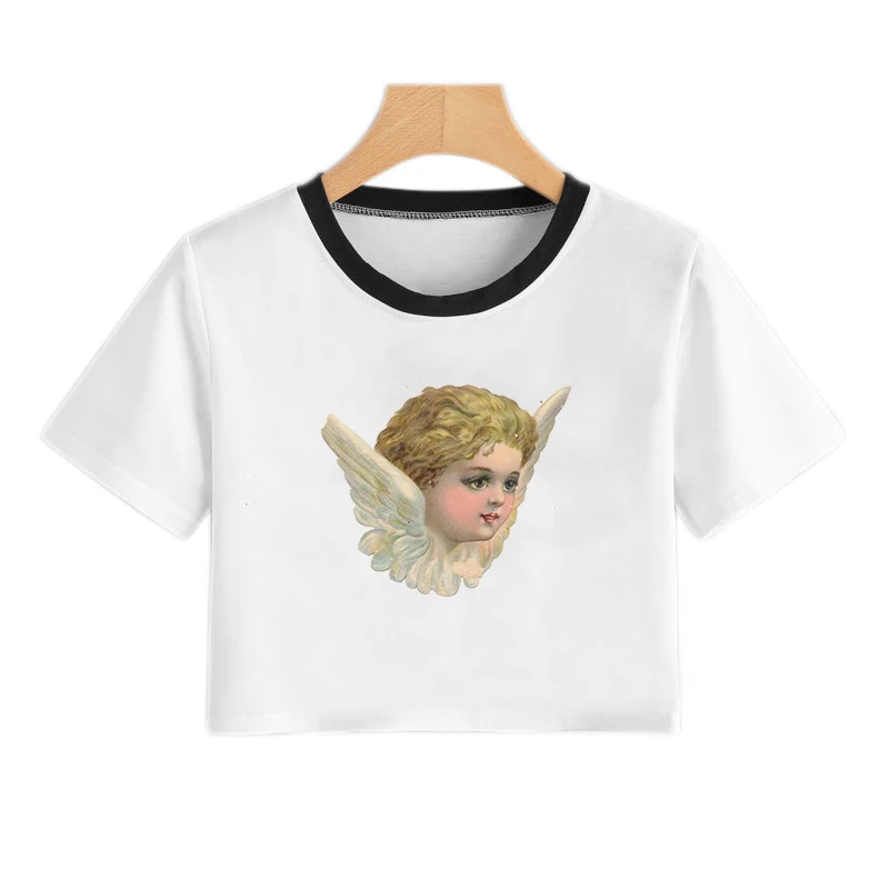 Y2K Angel Summer Skinny Women Graphic magliette ombelico Trend Print elastico manica corta Kawaii Crop Top Streetwear Tees estetica