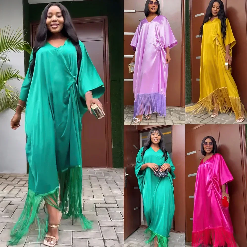 

Abayas For African Women Dubai Shiny Satin Tassel Boubou Muslim Dress Caftan Morocco Batwing Sleeve Wedding Party Femme Abayas