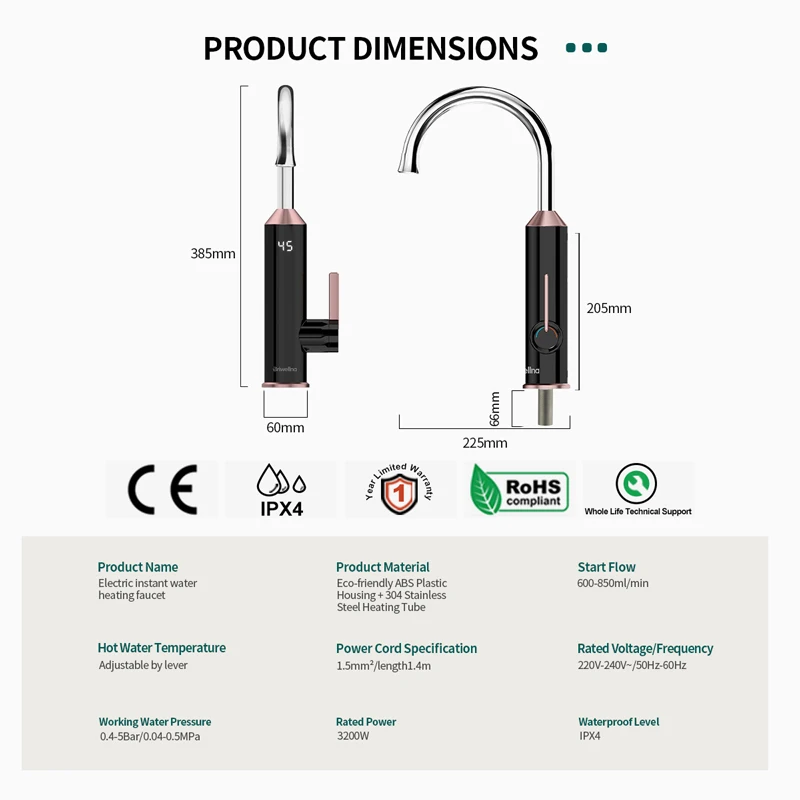 Briwellna سخان مياه ذكي 220 فولت صنبور المطبخ 2 في 1 مع شاشة ديجيتال خلاط السخان الكهربائي Tankless سخان مياه
