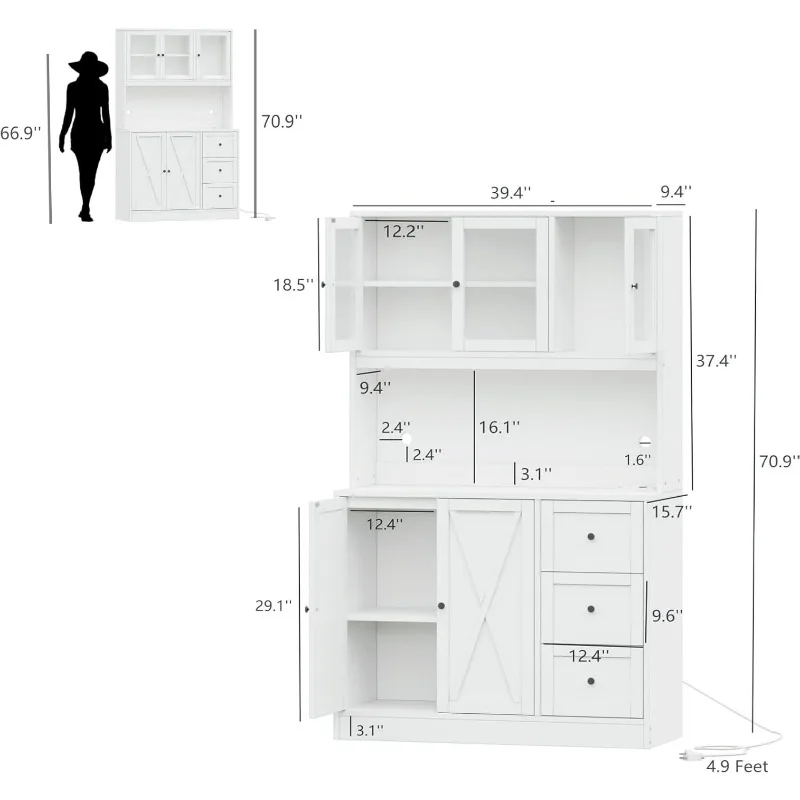 70.9'' Kitchen Pantry Cabinet, Kitchen Hutch with Microwave Stand & Charging Station, Farmhouse Tall Storage Cabinet