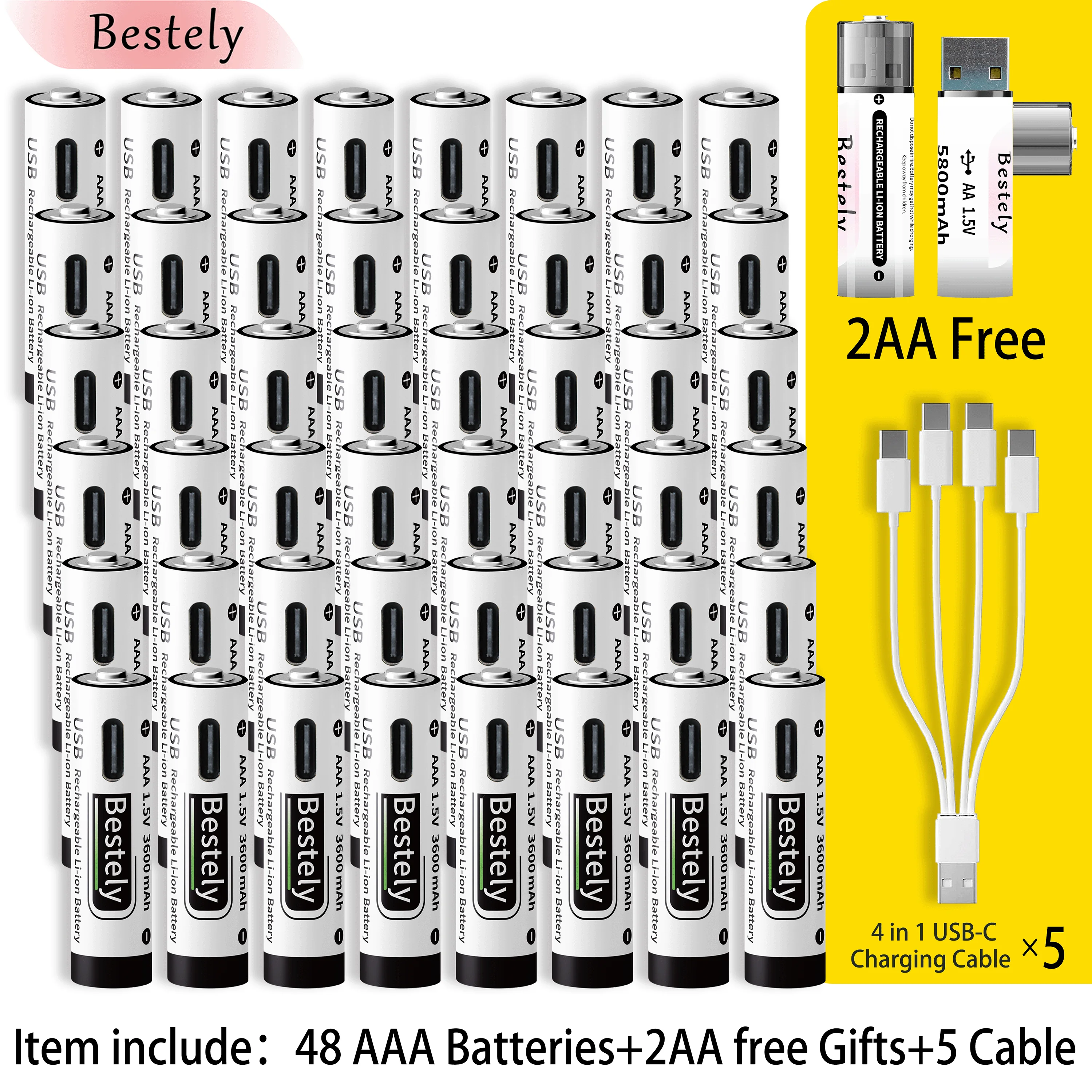 2026 New AAA 1.5v 3600mAh Rechargeable Lithium Ion Batteries High Capacity Li-ion Battery 2000 Time Cycles with Free USB-C Cable