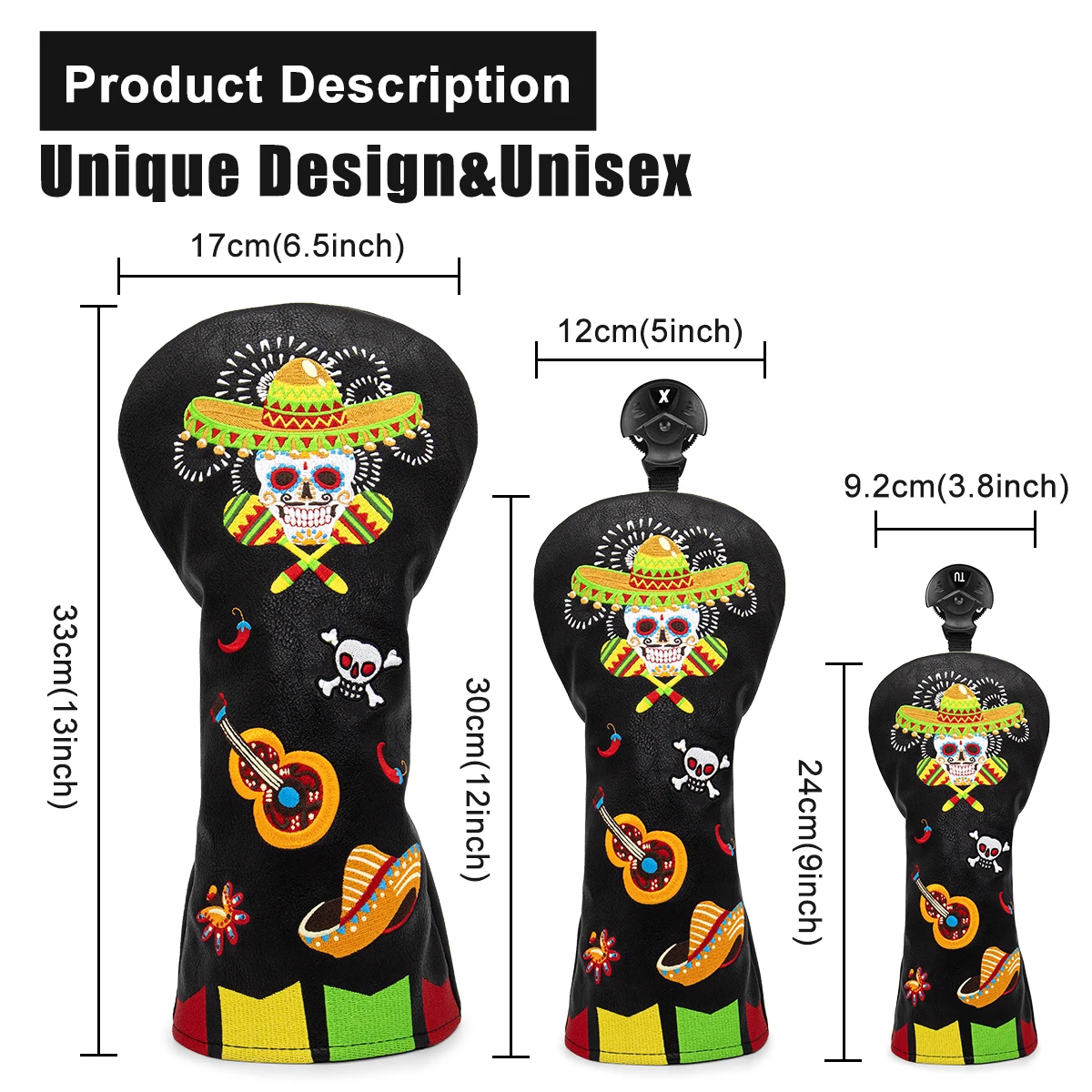 Premium Leather Golf Headcovers, Black Driver Fairway, Wood Hybrid Head Cover, Elegant Mexican Sk-ull Embroidery with Number Tag