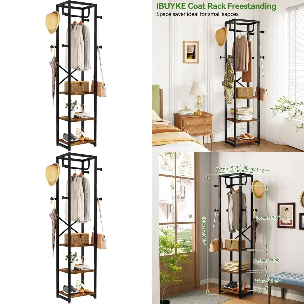 

Freestanding Hall Tree with 3 Shelves and 8 Hooks, Industrial Entryway Coat Rack for Home, Rustic Brown
