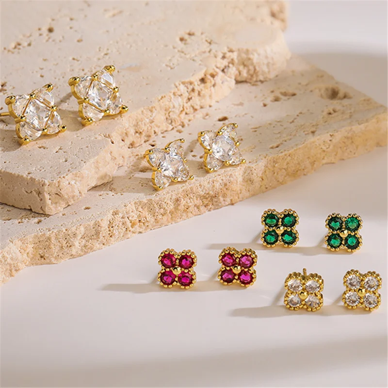 HECHENG, Cute CZ Stones Clover Flower Stud Earrings For Women Baby Kids Girls Gold Color Piercing Jewelry