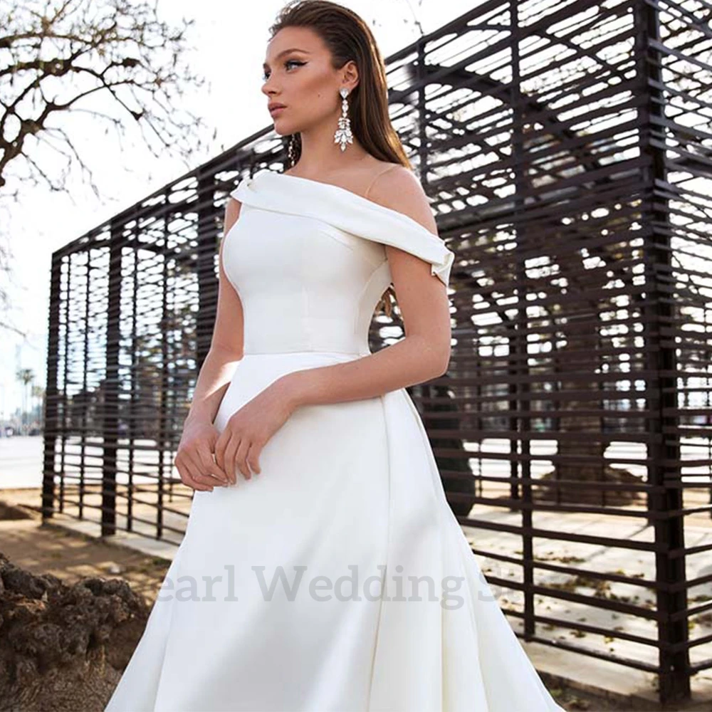 Semplice abito da sposa in raso bianco con spalle scoperte rimovibile corte Trail matrimonio nuziale abiti da principessa romantici Vestido De Novia