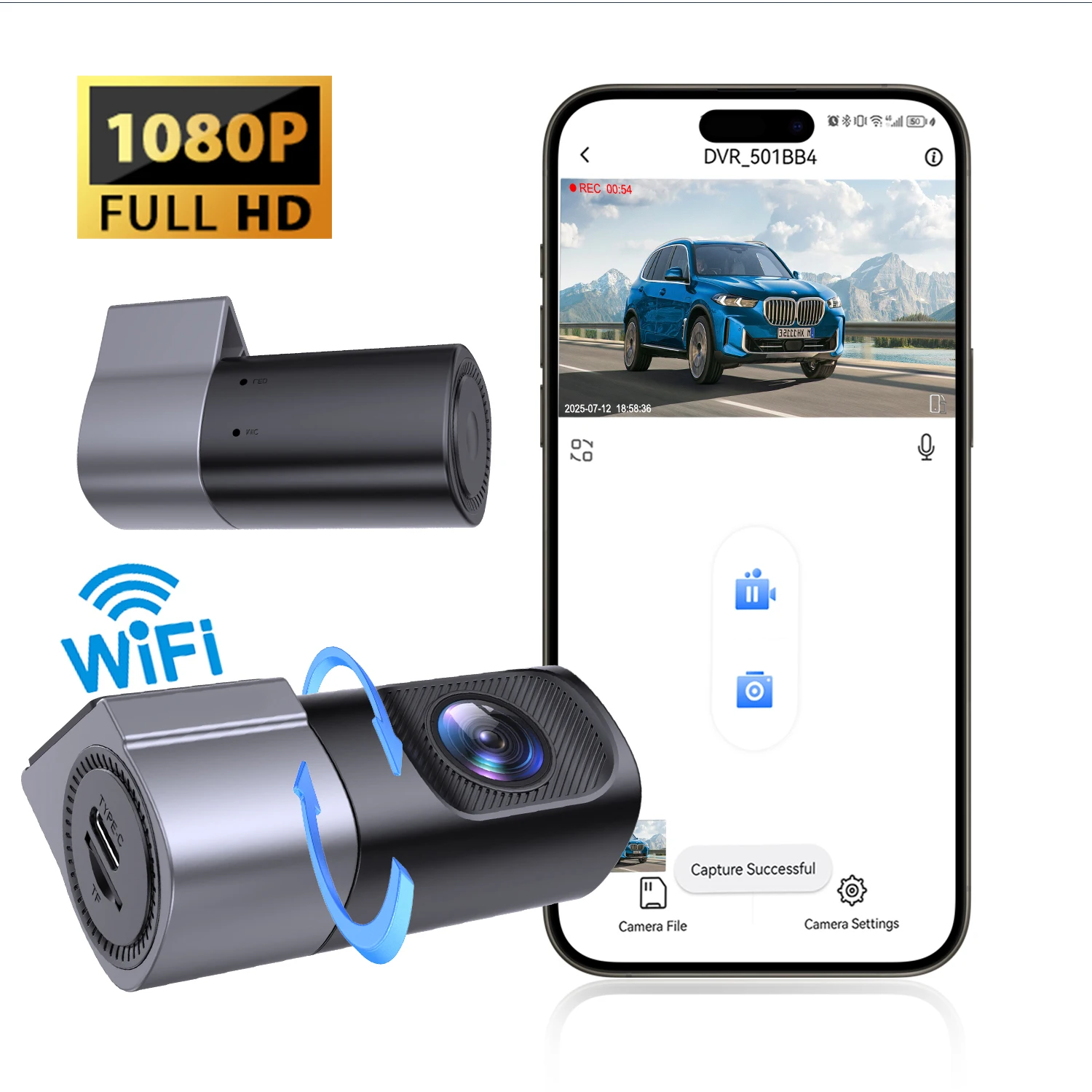 

Автомобильный видеорегистратор 1080P с Wi-Fi, новая модель, управление через приложение, запись видео 360° ° Вращающийся прибор ночного видения для всех