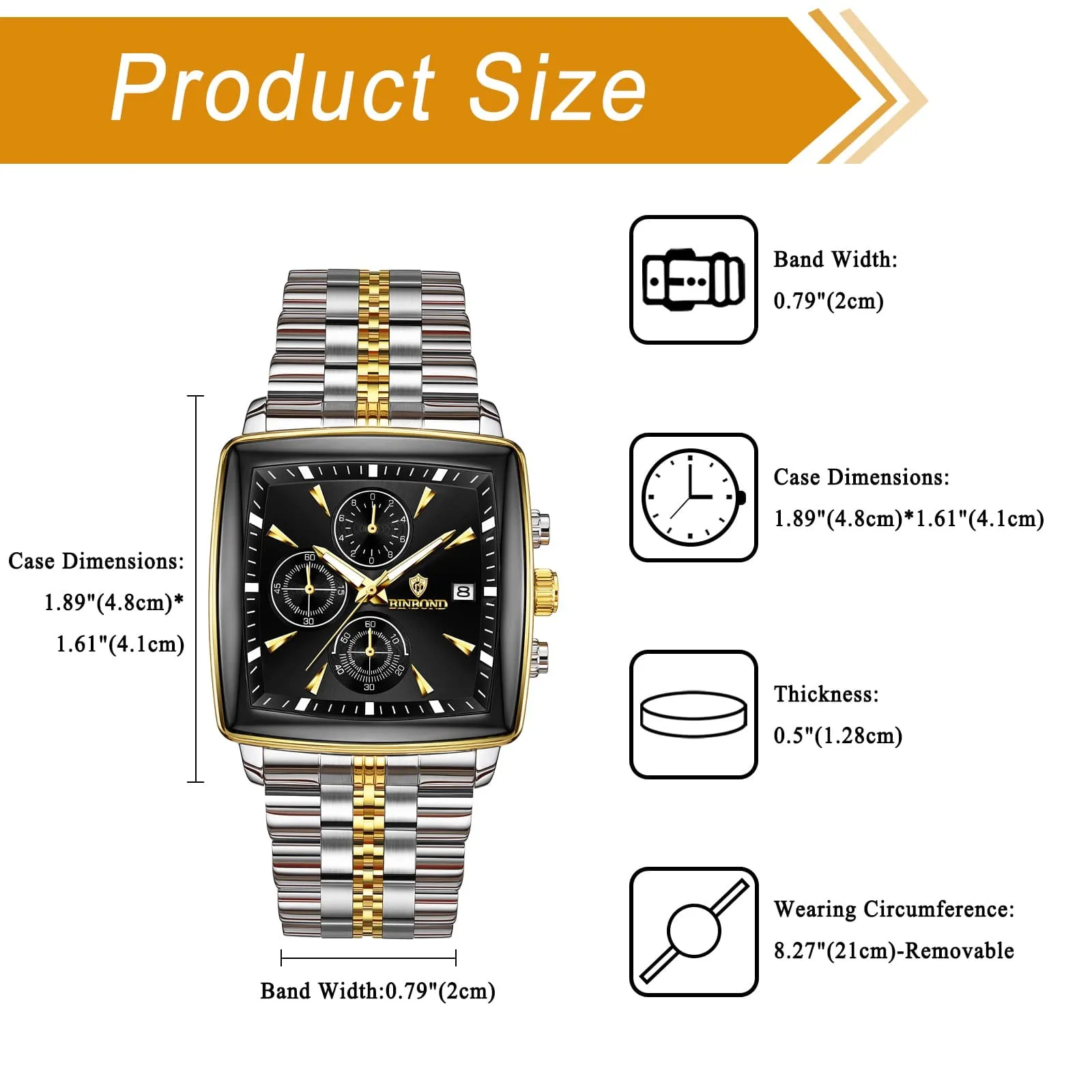 Men Square Chronograph Watch Two Tone Steel Band Waterproof Quartz Business Gift Luxury Stainless Male Wristwatch Clock