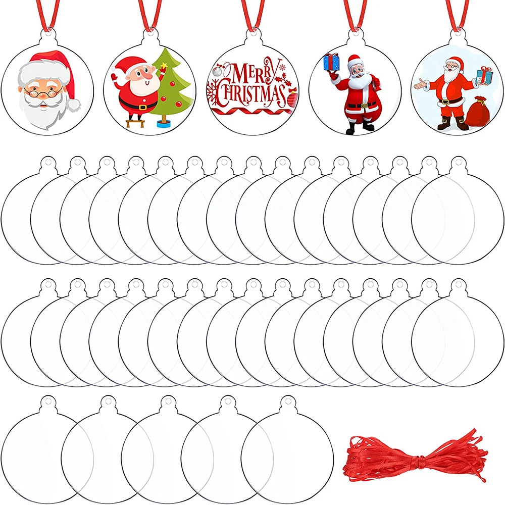 30PCS Clear Acrylic Christmas Ornaments With 1 Roll Red Ribbon for Christmas Tree Decoration Tag DIY Crafts Tag Blank