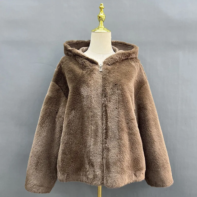 Women Warm Soft Brown Fluffy Faux Mink Fur Coat Winter Short Vintage Elegant Luxury Chic Thick With Hat Furry Overcoat