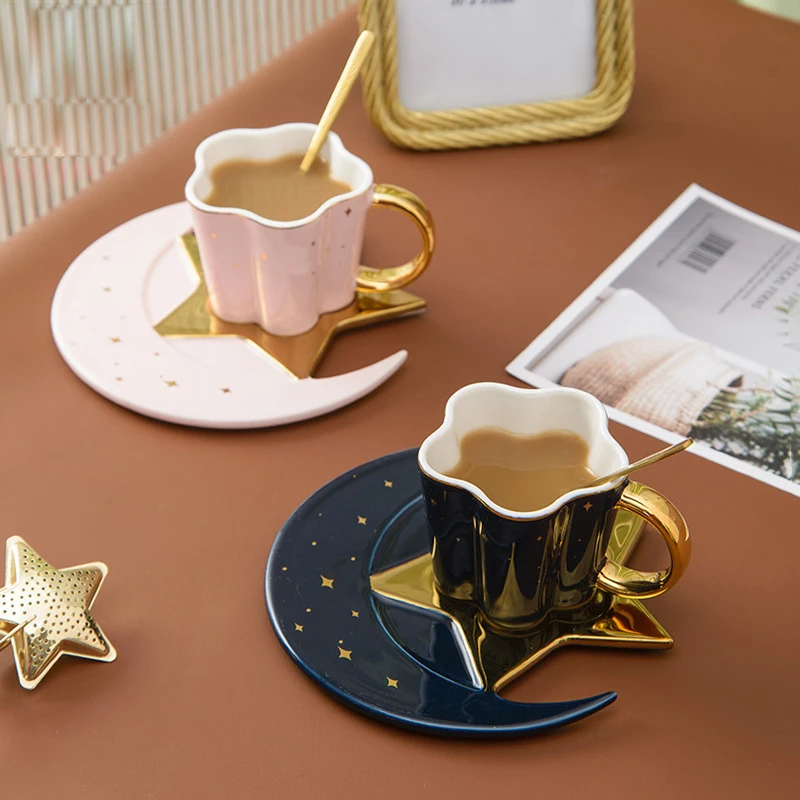 Creative Ceramic Star Moon Coffee Cup And Saucer With Spoon Golden Handle Mug Afternoon Tea Milk Juice Water Drink Cup Porcelain