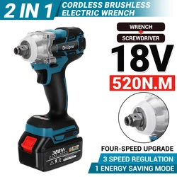 520N.M 2 In 1 Cordless Electric Impact Brushless Wrench 3 speed Screwdriver Wrench Power Tool  for Makita 18V Battery