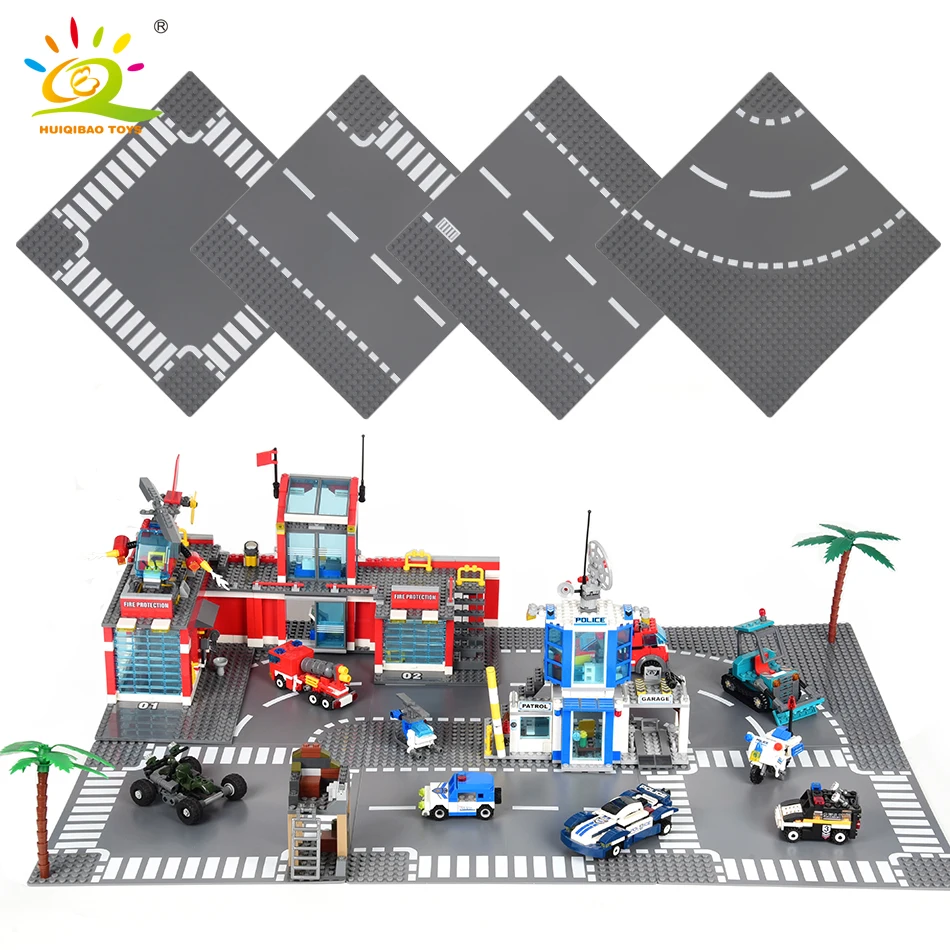 HUIQIBAO City Street Base Plate Crossroad Curved Road Baseplates Compatible Architecture Car Truck Building Blocks Children Toys