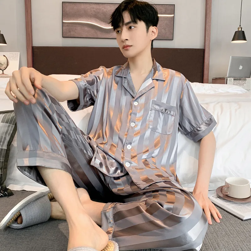 Men\'s Pajama Summer Long-sleeved Ice Silk New High Quality Stain Sleepwear Suit Home Clothes Male Night Wear Pyjamas Gentlemen