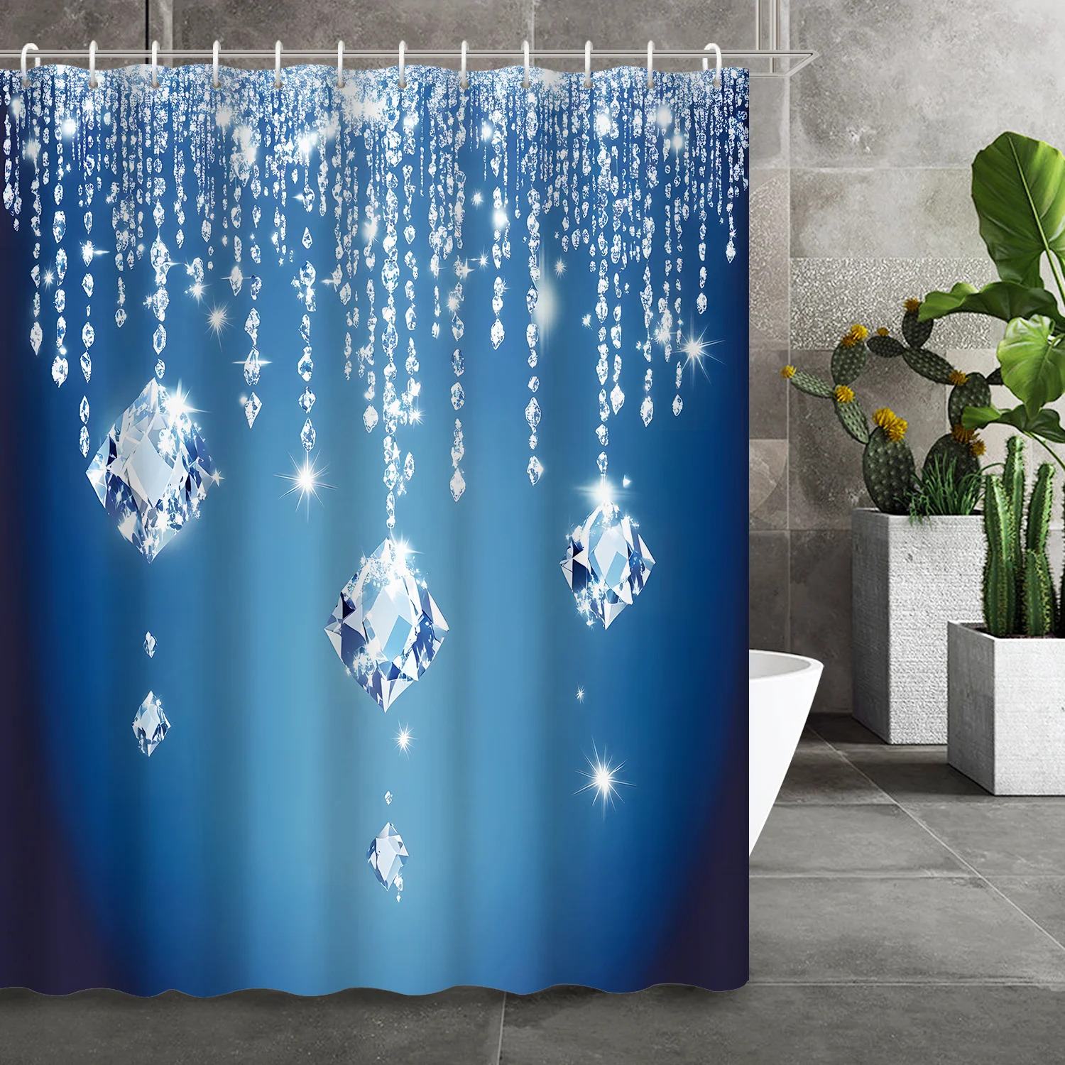 Blue Dreamy Crystal Diamond Shower Curtain, Durable Polyester Fabric, Waterproof & Easy Clean, for Bathroom or Room Divider