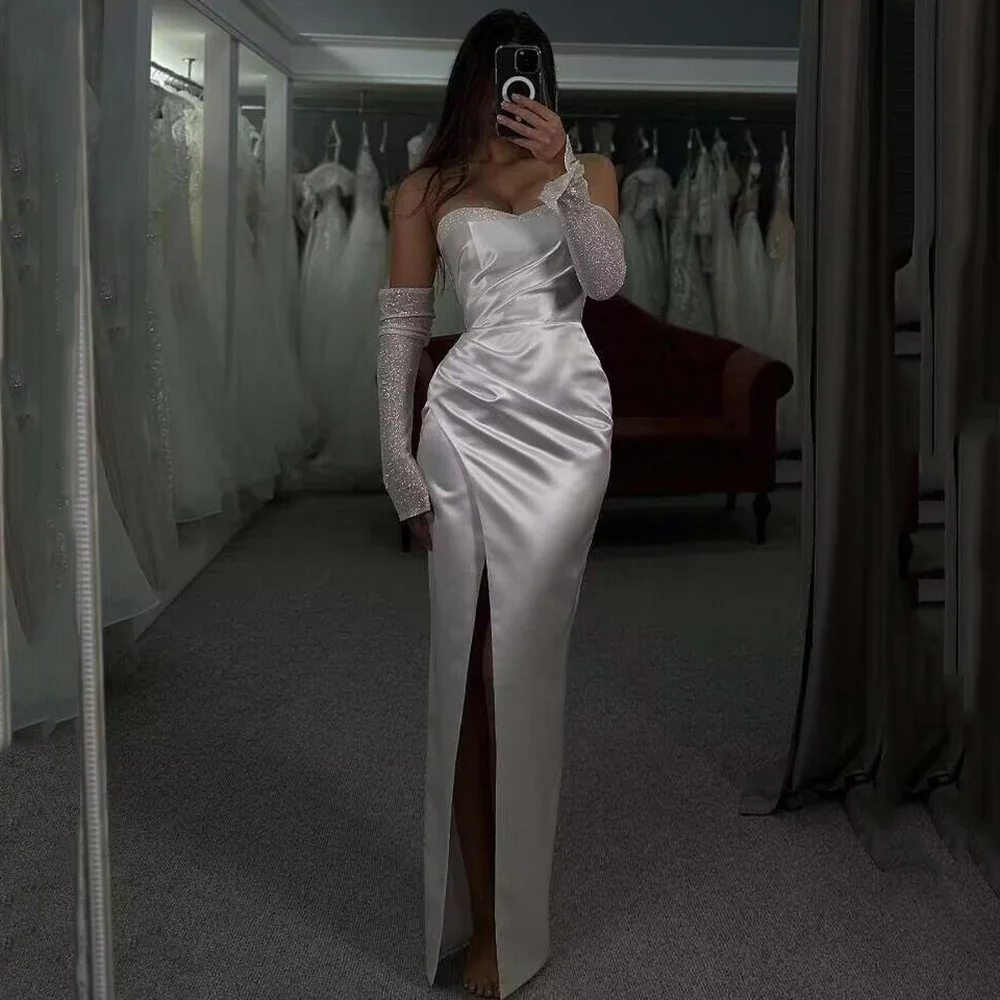 

White Satin Sheath Wedding Dresses Floor Length Long Bridal Dress 2024 Simple Cheap Wedding Gowns Split Front Sweetheart Women