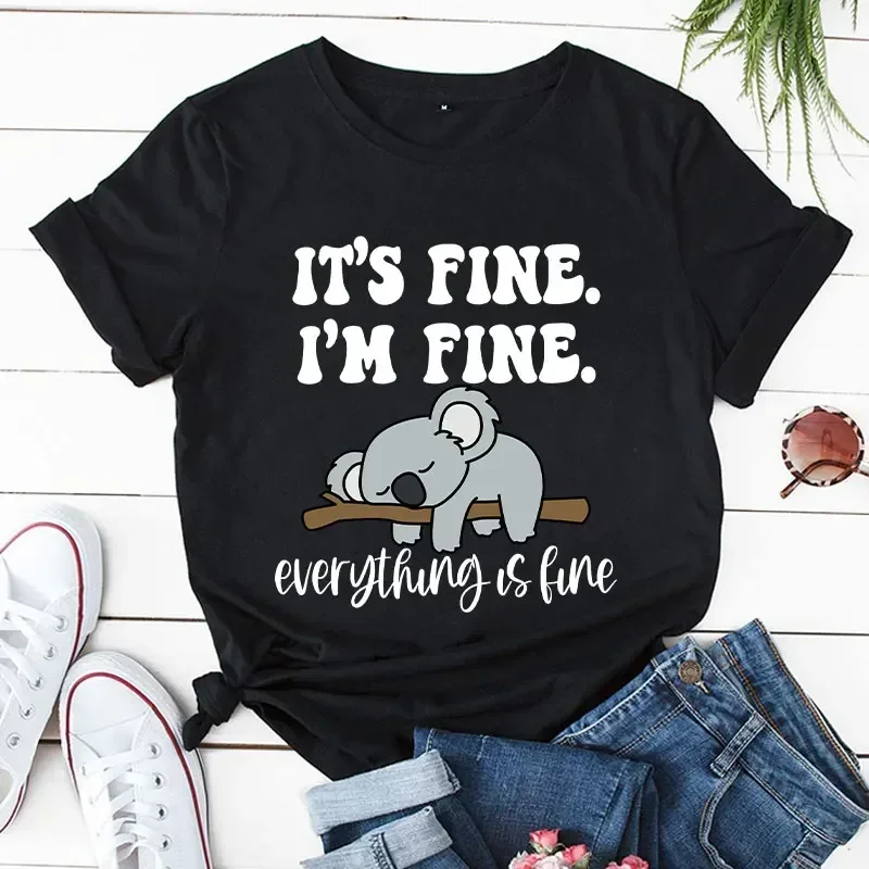 シャツ それは大丈夫です、私は大丈夫です、すべてが大丈夫です 漫画 レディース服 女性ファッション Tシャツ コアラプリント トップス カジュアル 半袖