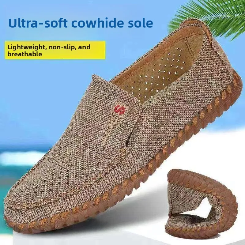 Beijing Old Man Casual Sandals Breathable Mesh Slip-On Men's Shoes with Cow Tendon Bottom Large Size Flat Heel Sporty