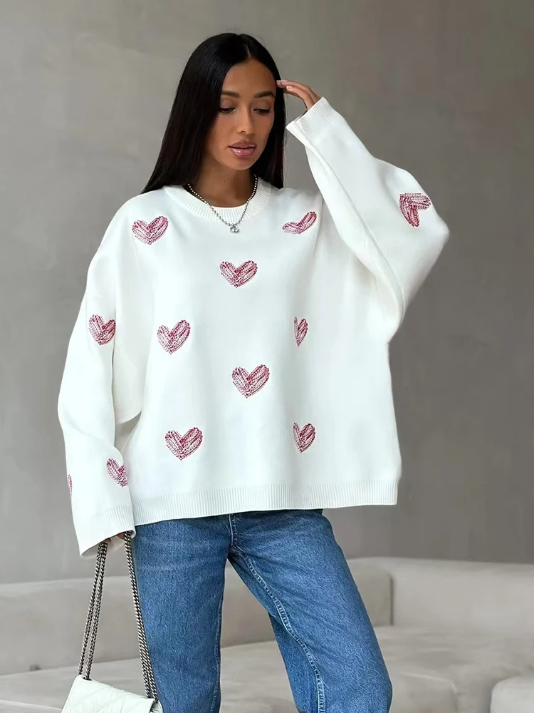 Taruxy Casual Hart Print Trui Truien Voor Dames Lange Mouwen O-Hals Mode Los Gebreide Top Herfst Winter 2024 Streetwear