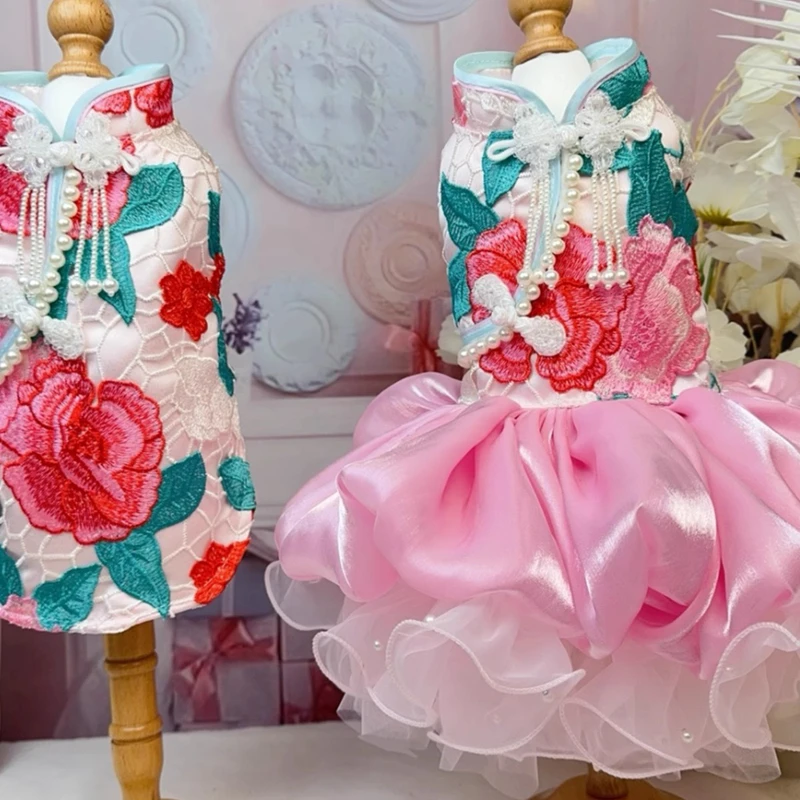 Galaxydog Peony Fairy Chinese Style Cheongsam Couple Dress Spring and Summer Thin Pet Cat and Dog Dress Skirt Photography Skirt