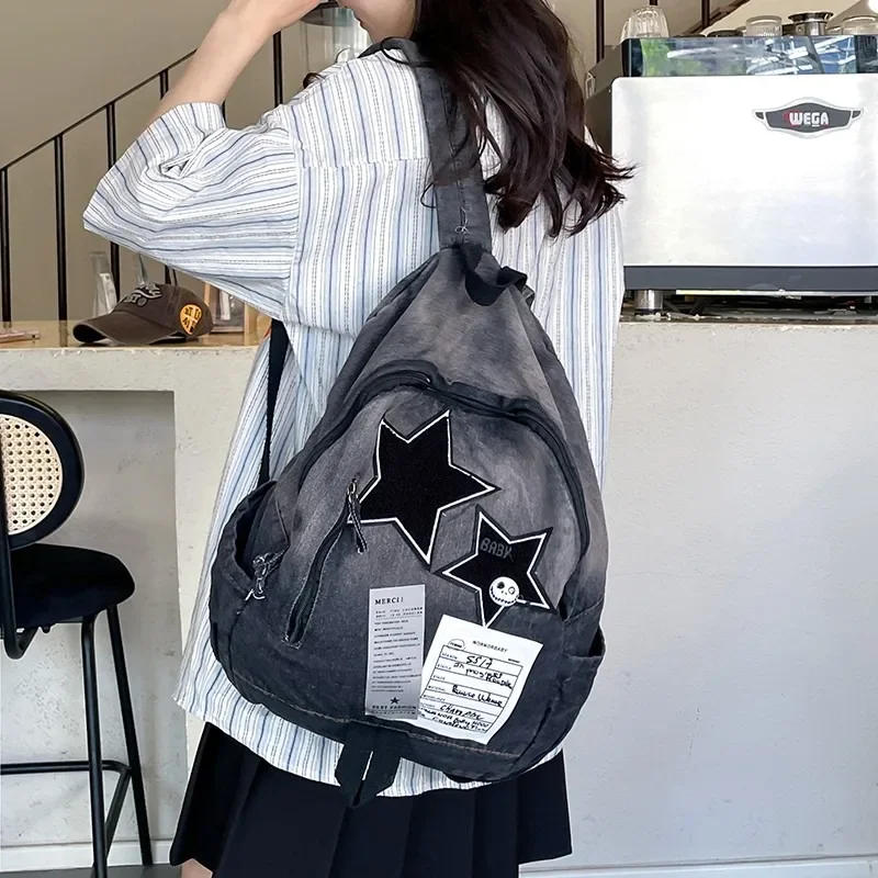 

Korean Version Gradient Large Capacity Canvas Backpack for Female College Students with Niche Design Retro Denim Backpack Рюкзак