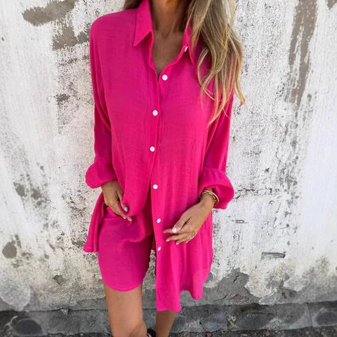New Casual Solid Color Cotton Linen Set For Women's 2025 Spring Summer Shorts Long-sleeved Wrinkled Shirt Two-piece Loose Suit