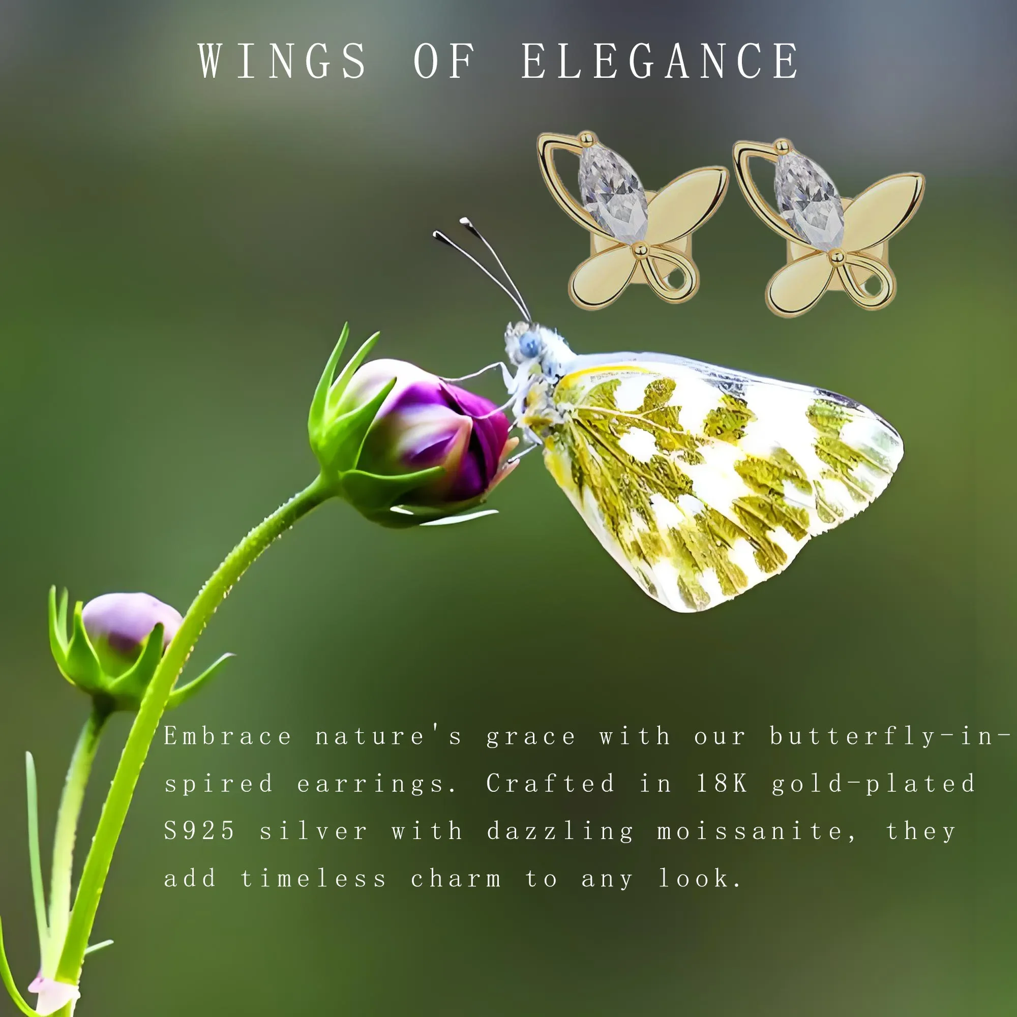 3*6mm Moissanite Butterfly Earrings – 18K Gold Plated S925 Silver, Elegant Nature-Inspired Design