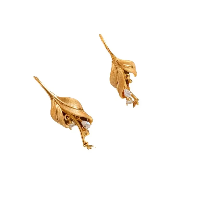 

S925 sterling silver "golden branches and jade leaves" flash diamond leaf ear hook women's light luxury temperament leaf