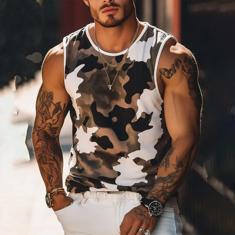 Camisetas sin mangas con estampado gráfico 3D de camuflaje Washtone y cuero vacuno índigo para hombre, camisetas con estampado abstracto, chaleco deportivo informal de verano de talla grande para la calle