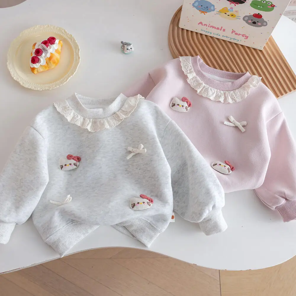 Sanrio Hello Kitty Girls Cotton Cartoon Sweatshirt New Lace Collar Top Cute Casual Korean Style Pullover Children's Clothing