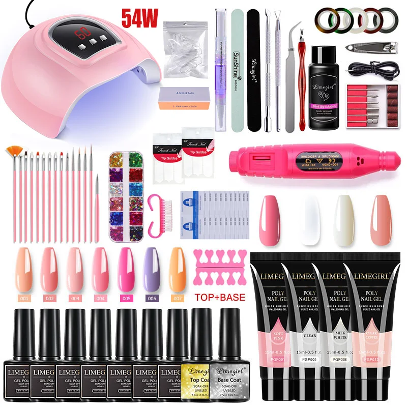 Nail Extension Kit Acrylic Gel Polish Nail Polish with UV LED Nail Lamp Manicure Kit and Base Coat Top Coat for Salon and Home