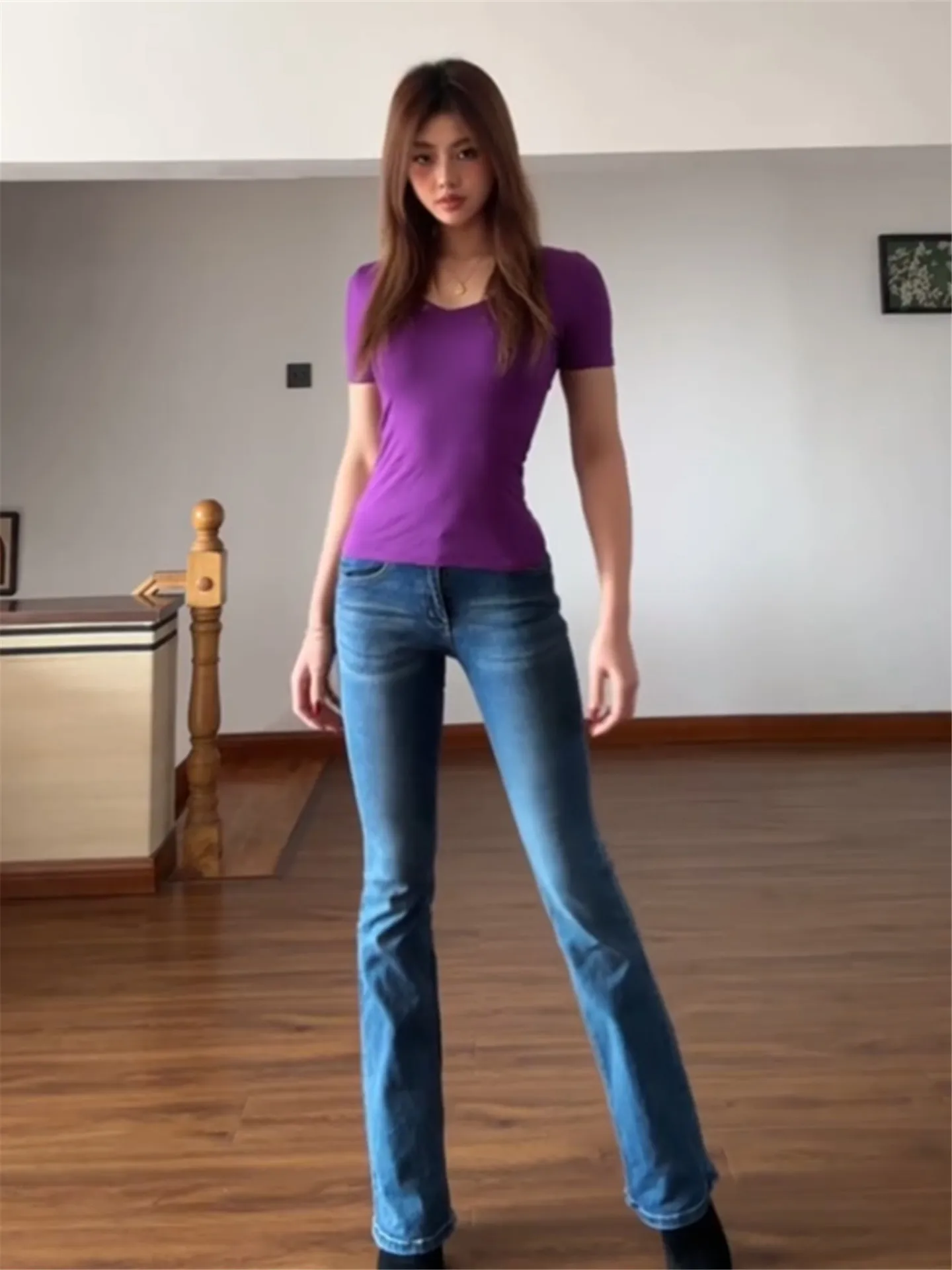 

Retro Blue Millennium Hot Girl Flared Jeans Women's Spring Slimming Tall Extended Y2K Straight Leg Pants Low Waist Cotton