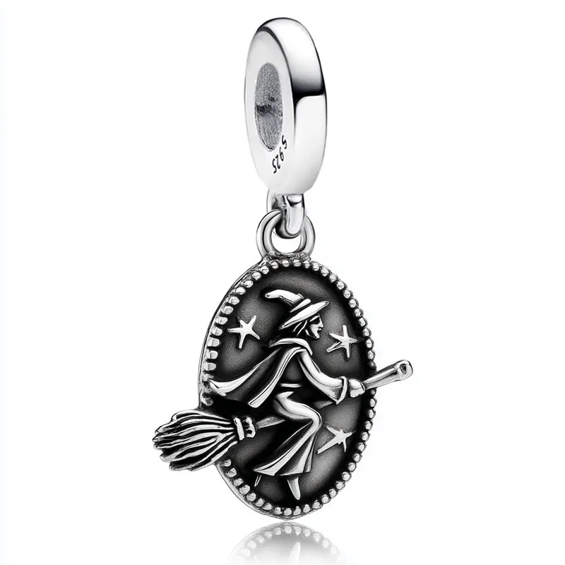 

925 Sterling Silver Bead Customizable Engraved Pendant Wizard Charm Witch on Broomstick Design for DIY Bracelet Fine Jewelry