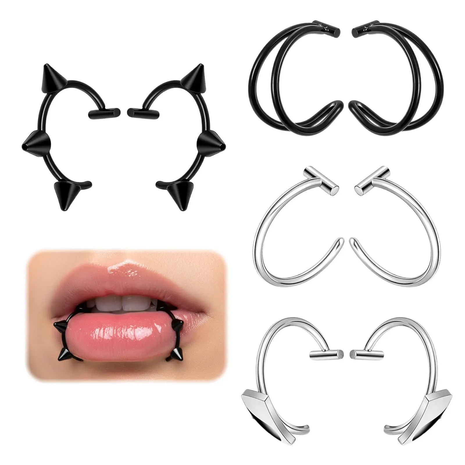 8pcs/Set Fake Lip Piercing Non Pierced Septum Ring Clip on Lip Rings Fake Snake Bite Non-Piercing Lips Cuff Double Earring Hoop