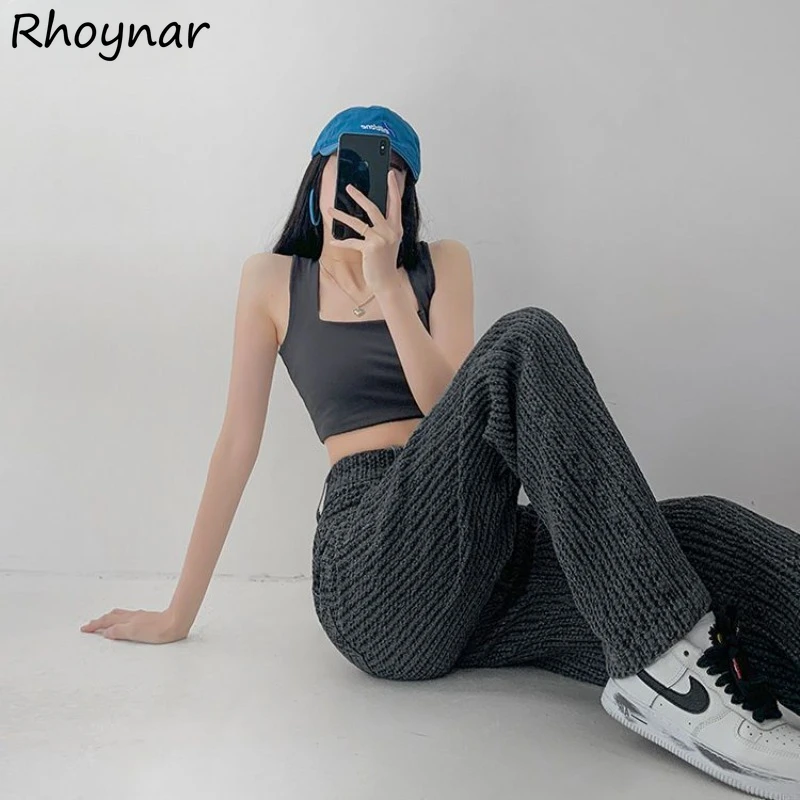 

Straight Jeans Women Trendy High Waist Korean Style Leisure Solid Simple Students Street Wear Knitting Design All-match Vintage