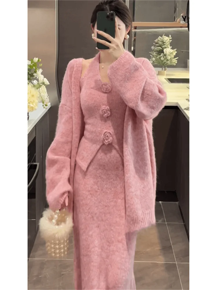 

Romantic Atmosphere Women's Sweater Jacket Floral Vest Skirt Set Three-Piece Korean Style Long Sleeve V-Neck Autumn Workwear